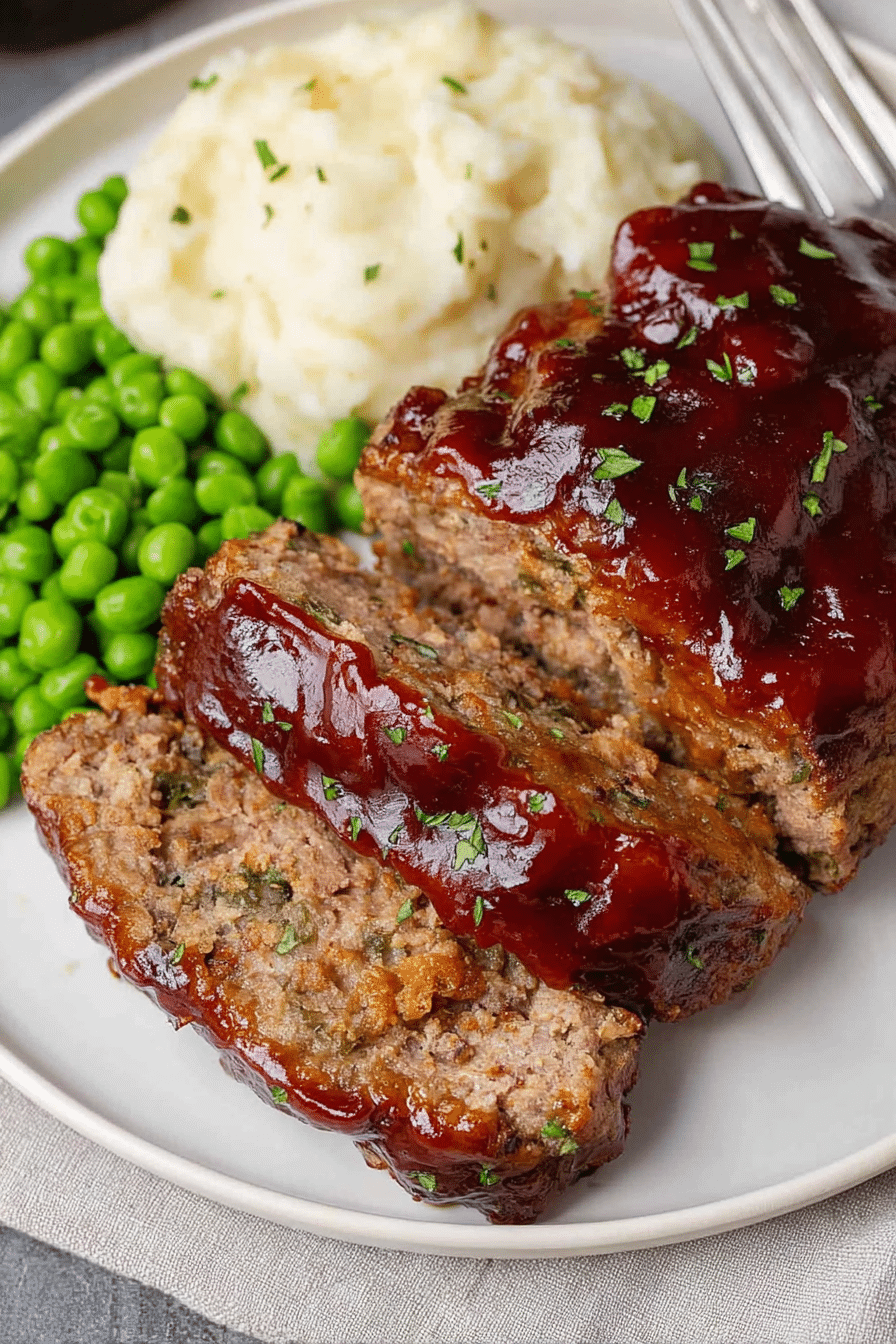 Slice of brown sugar glazed meatloaf with rosemary garnish on a white plate