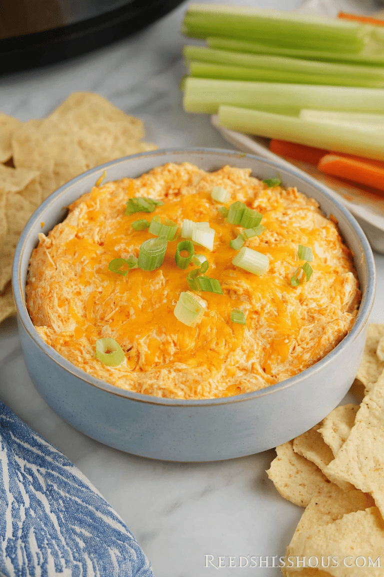 Buffalo chicken dip in a crock pot with celery sticks and tortilla chips on a table.