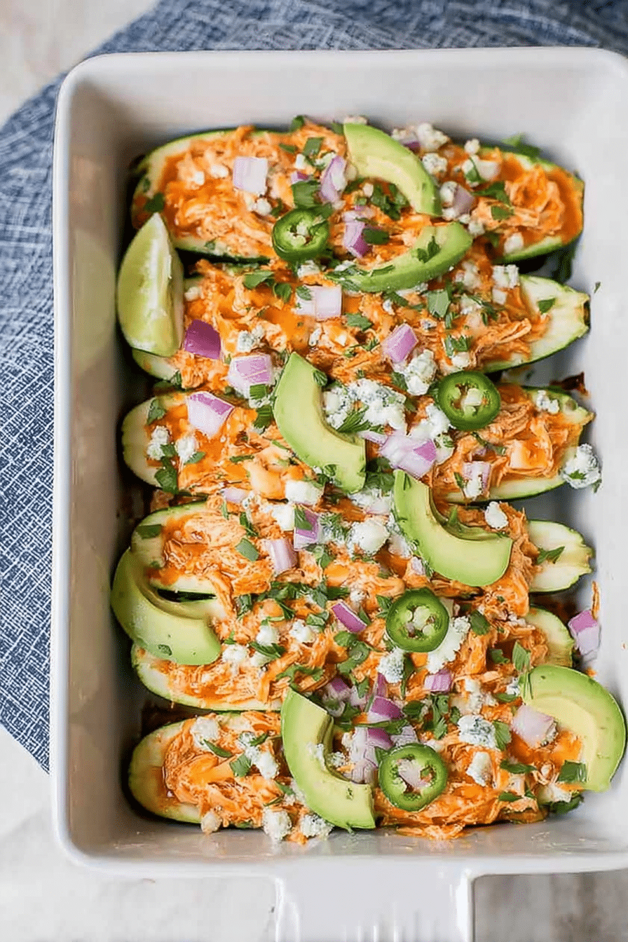 Delicious buffalo chicken zucchini boats topped with ranch and fresh cilantro, served on a rustic wooden table.
