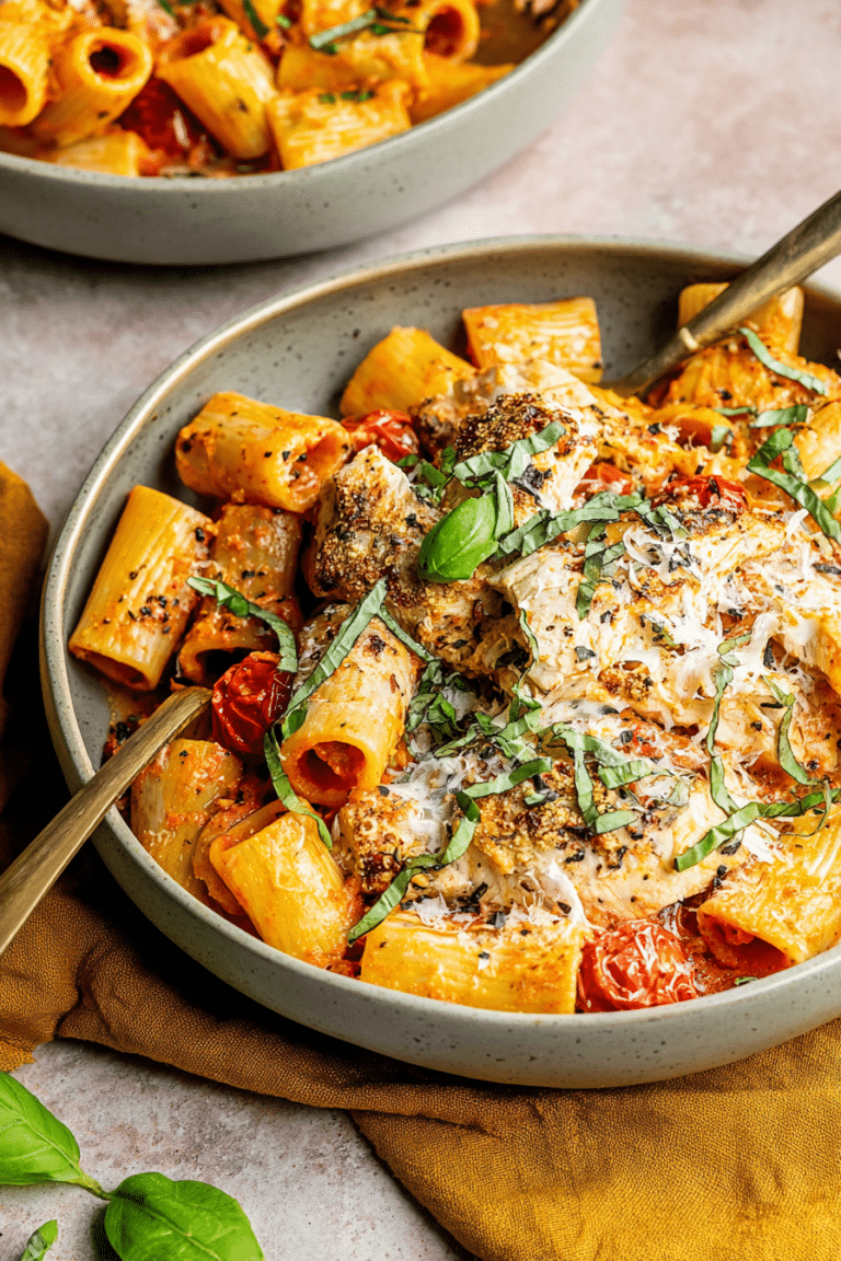 Delicious burst cherry tomato basil chicken rigatoni garnished with basil and Parmesan cheese, with cherry tomatoes in the background.
