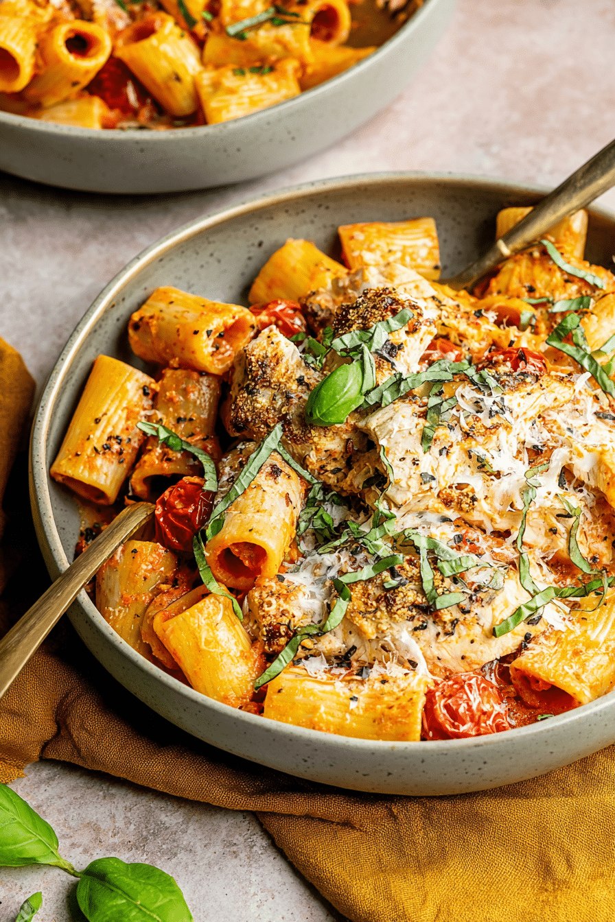 Delicious burst cherry tomato basil chicken rigatoni garnished with basil and Parmesan cheese, with cherry tomatoes in the background.