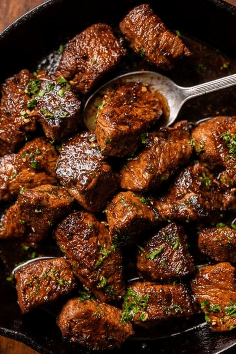 Close-up of cajun garlic butter steak bites sizzling in a skillet, garnished with parsley.