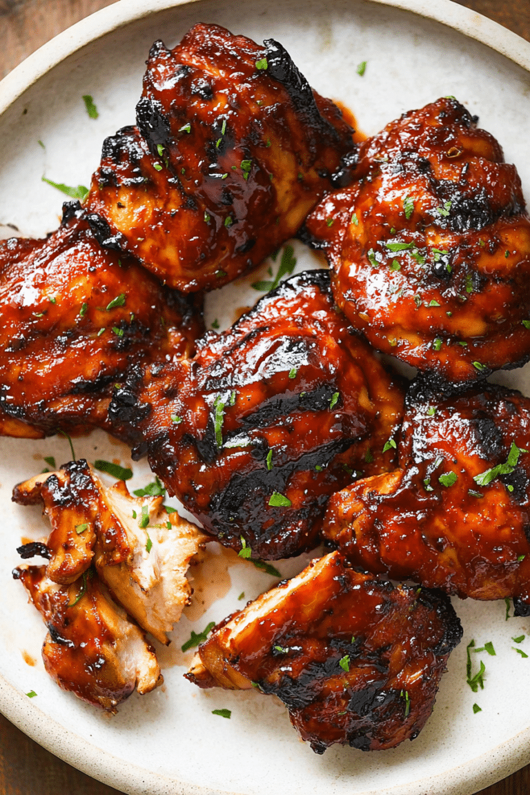 Plated caramelized BBQ chicken thighs with fresh herbs and side dishes, showcasing a delicious and colorful meal.