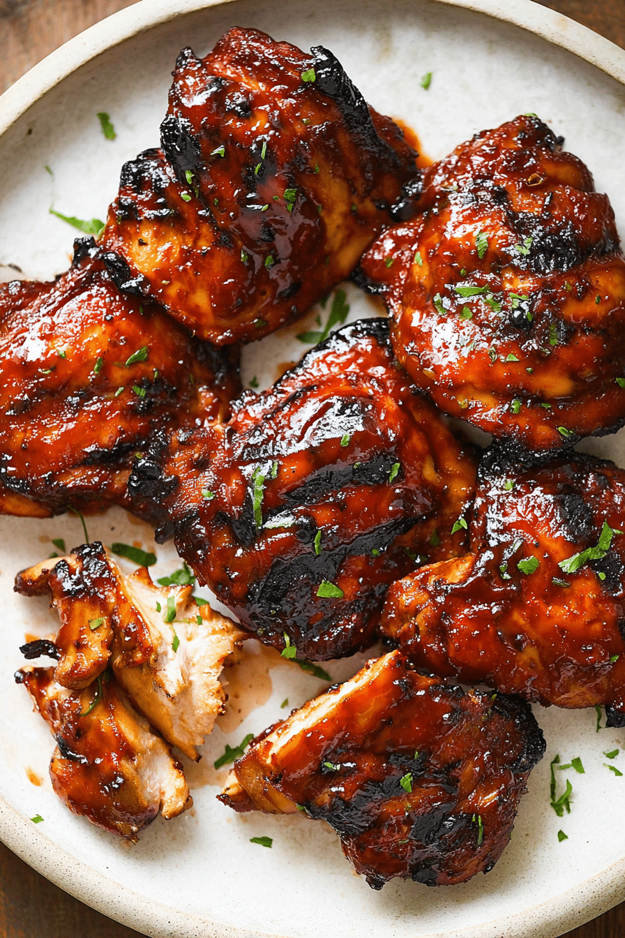 Plated caramelized BBQ chicken thighs with fresh herbs and side dishes, showcasing a delicious and colorful meal.