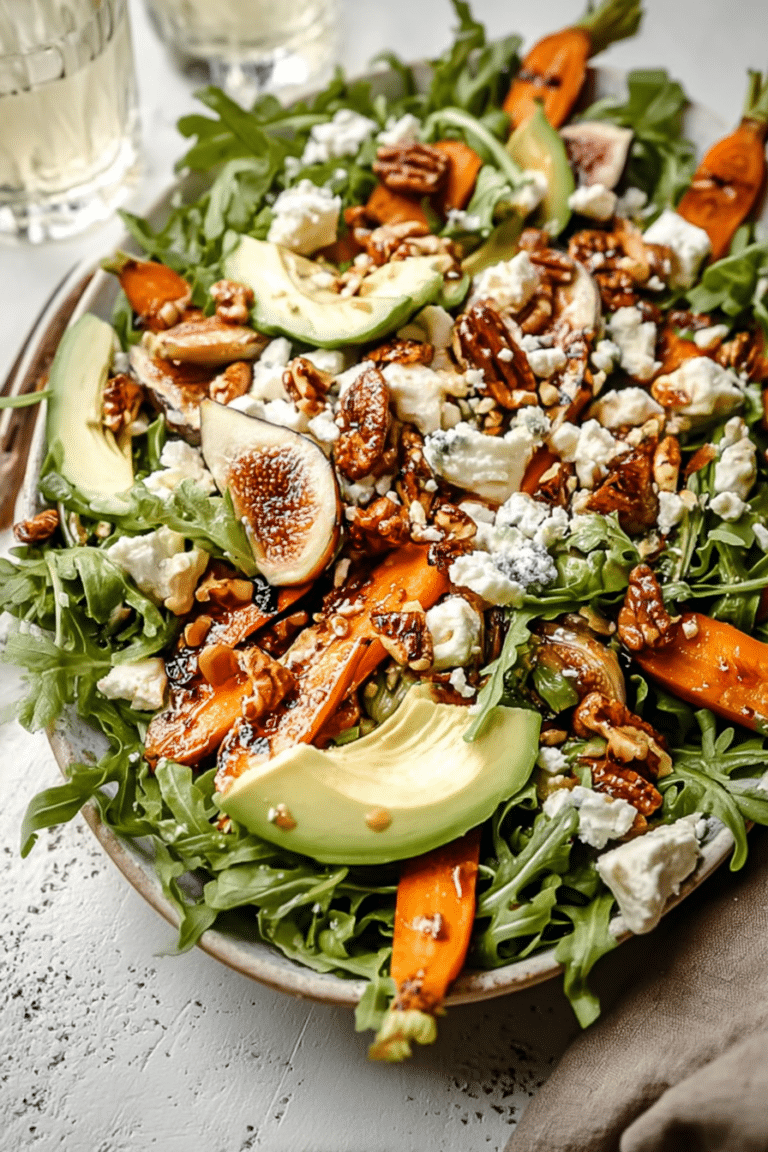 Vibrant carrot arugula salad with avocado, goat cheese, walnuts, and figs on a rustic wooden table.