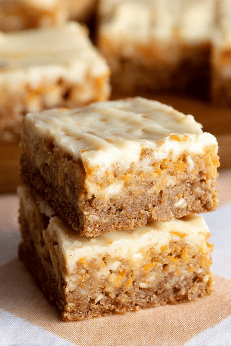 Delicious carrot cake bar with cheesecake swirl topped with grated carrots and cinnamon on a wooden table.