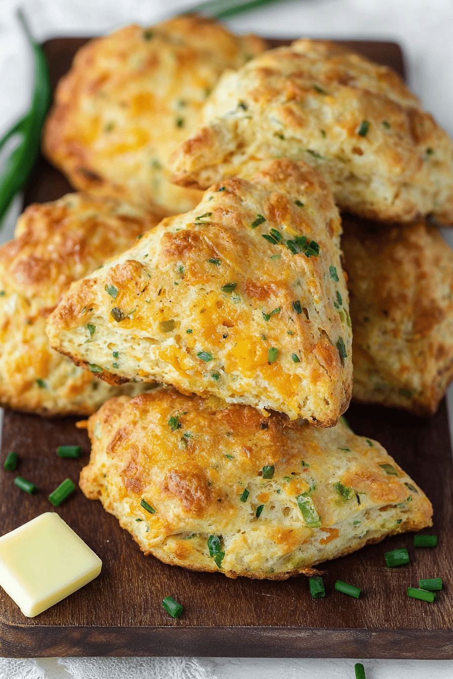 Freshly baked cheese and chive scones served on a wooden table with butter and chives.