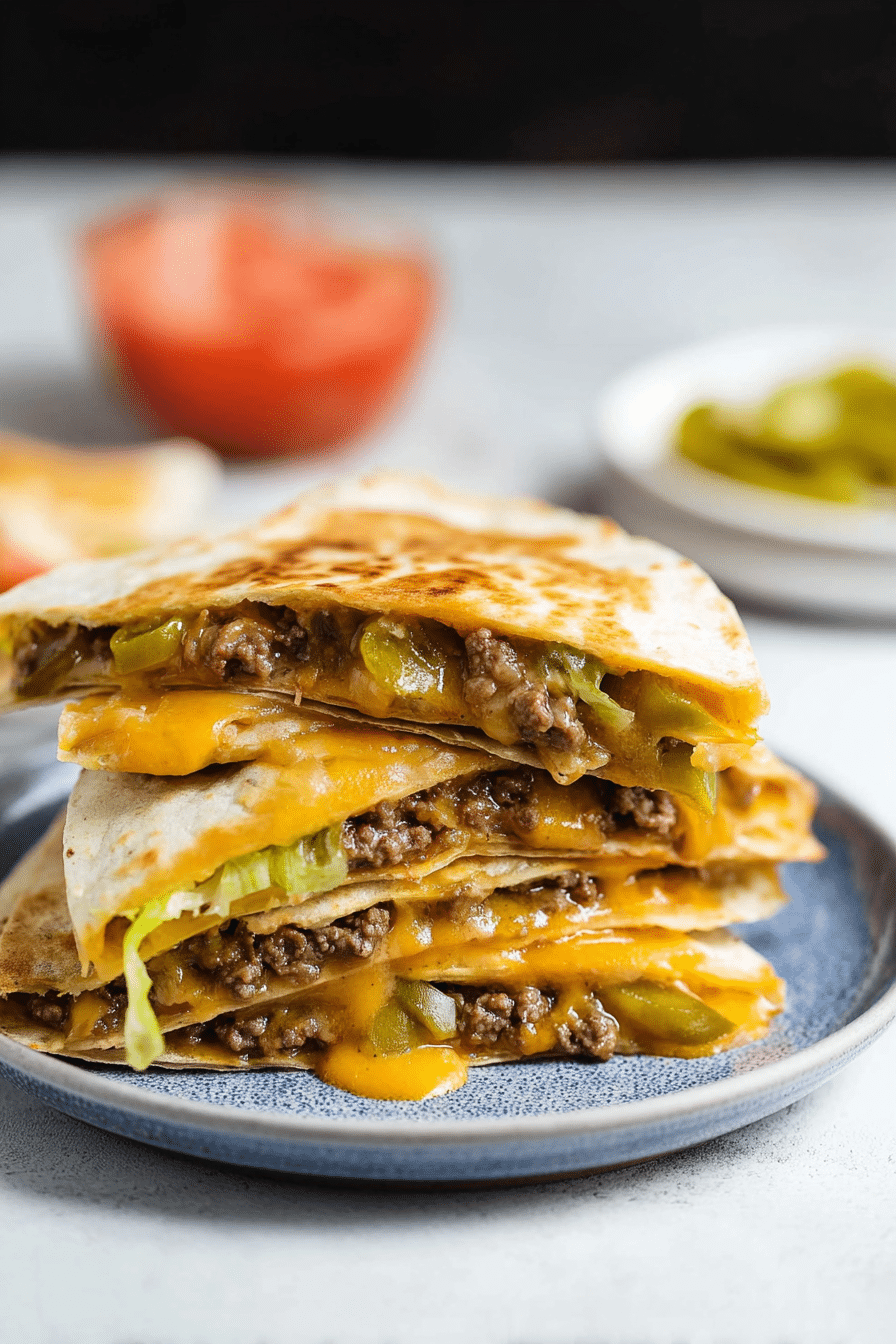 Golden-brown cheeseburger quesadillas filled with cheese and beef, served with special sauce