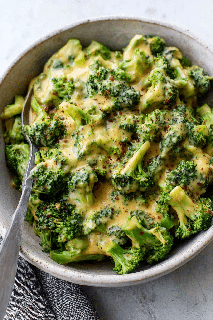 Delicious cheesy broccoli in a bowl topped with melted cheese and parsley, perfect for a side dish.