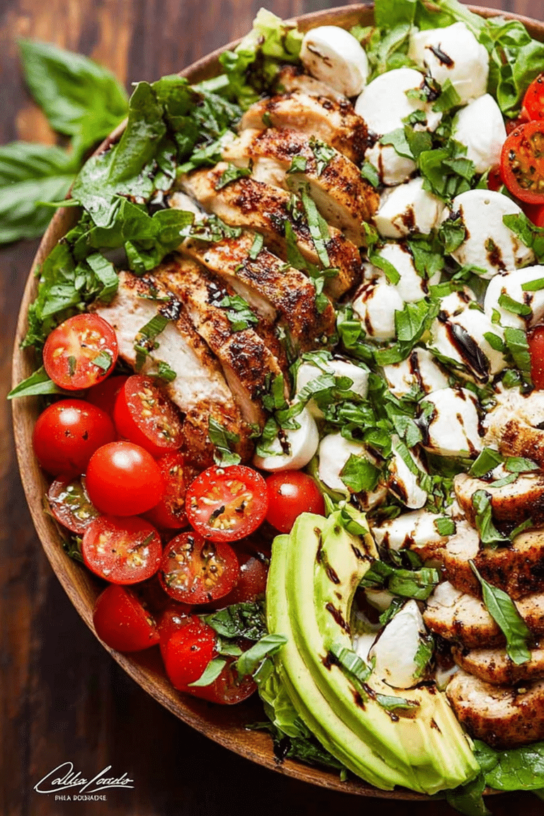 Delicious Chicken Avocado Caprese Salad with grilled chicken, mozzarella, avocado, and cherry tomatoes in a bowl.