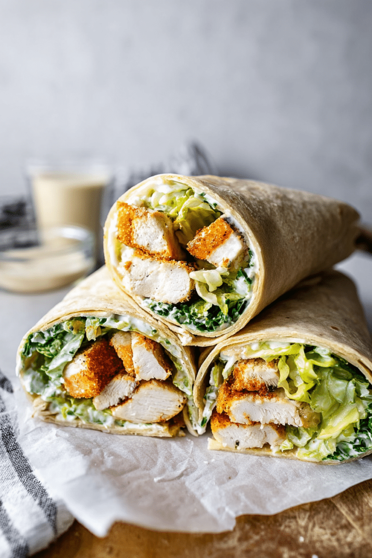 Delicious Chicken Caesar Wrap filled with chopped romaine, grilled chicken, and freshly grated Parmesan cheese, served with Caesar dressing.