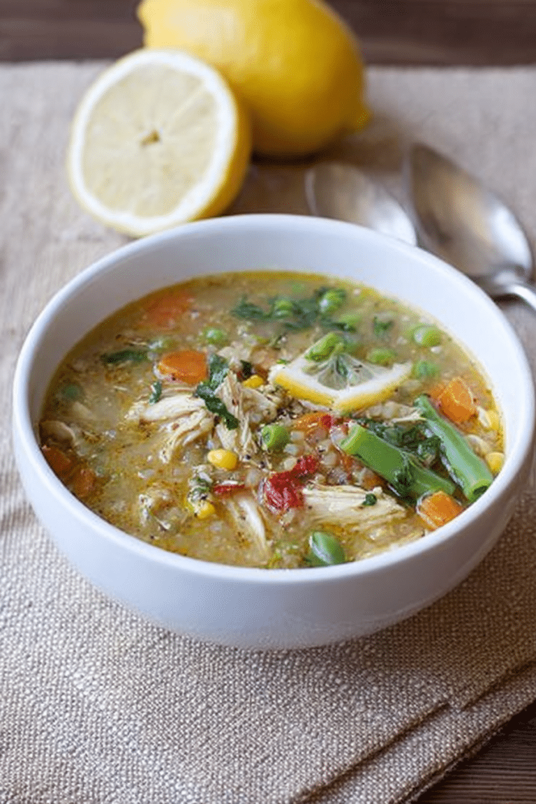 A warm bowl of chicken soup with spring vegetables, quinoa, and lemon, garnished with fresh basil leaves.