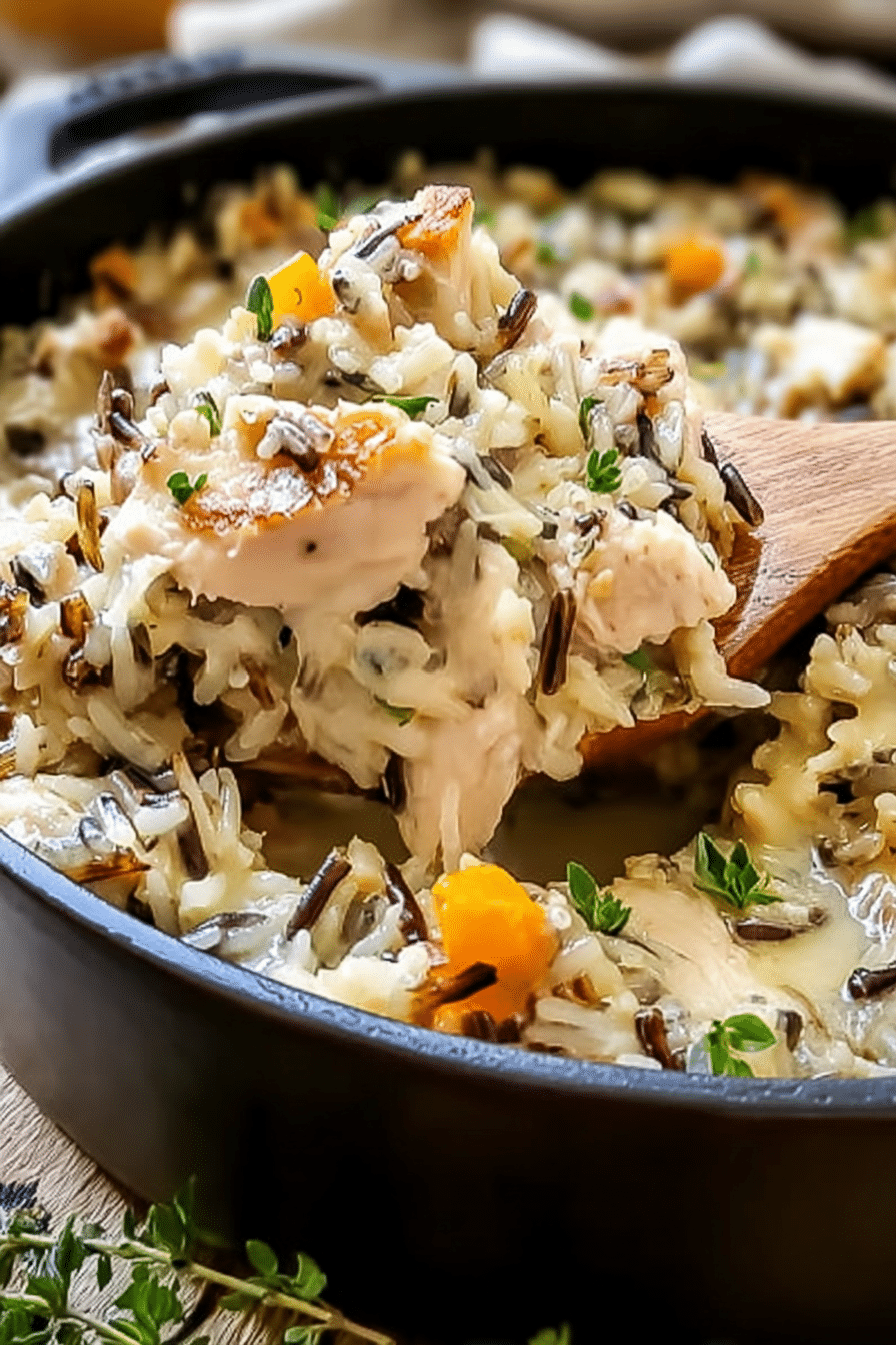 Delicious chicken wild rice casserole served in a rustic bowl, garnished with herbs.