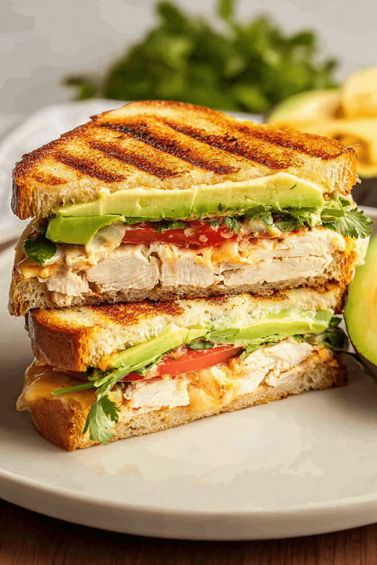 Close-up of a chipotle chicken avocado melt sandwich with avocado slices and peppadew peppers on a wooden background.