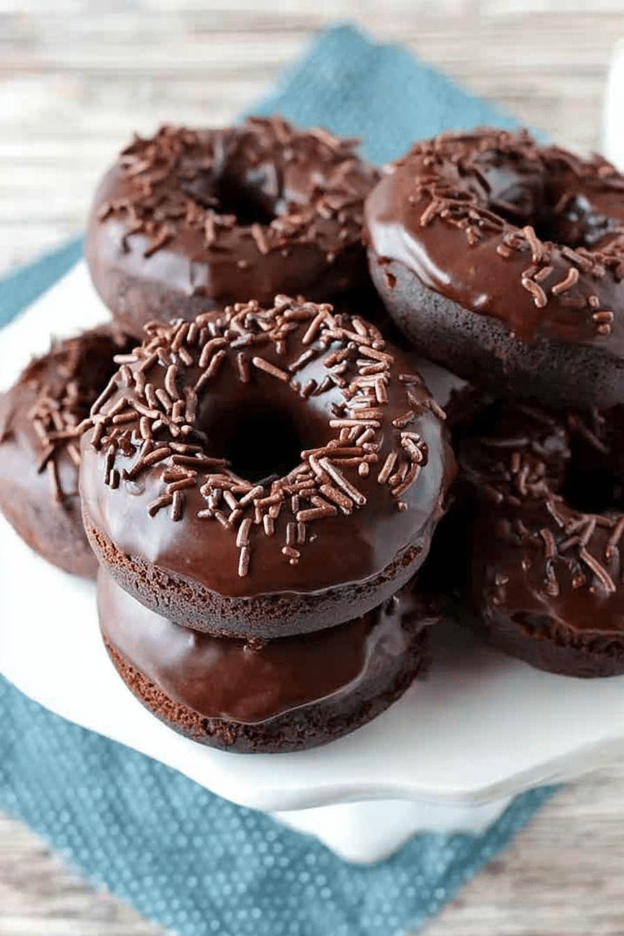 Close-up of a chocolate baked cake donut with chocolate ganache and sprinkles on a wooden table.