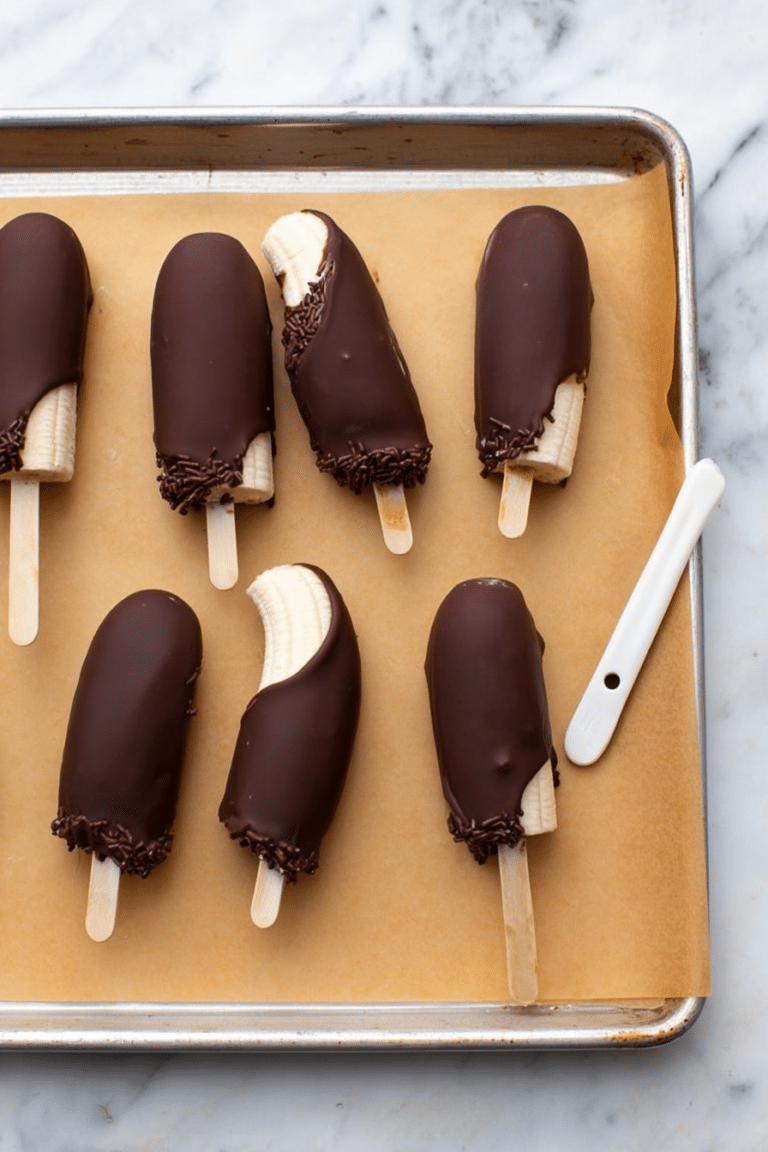 Chocolate covered banana pops displayed on a wooden platter, topped with peanuts and coconut against a bright background.