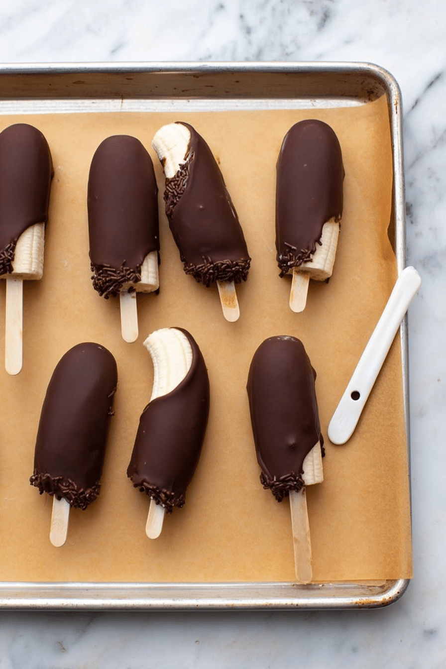 Chocolate covered banana pops displayed on a wooden platter, topped with peanuts and coconut against a bright background.