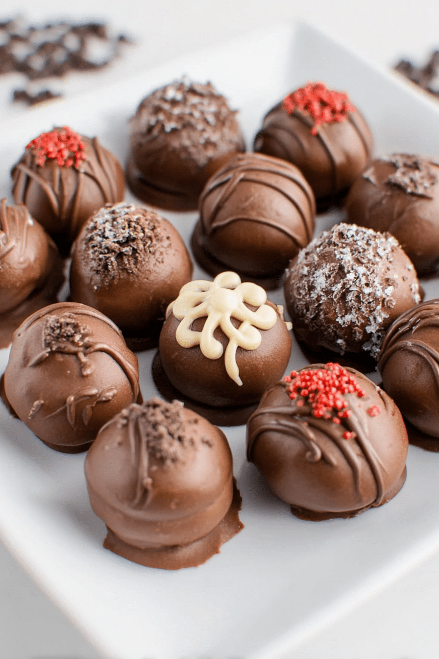 Delicious chocolate cream cheese truffles topped with sprinkles, displayed on a festive plate.