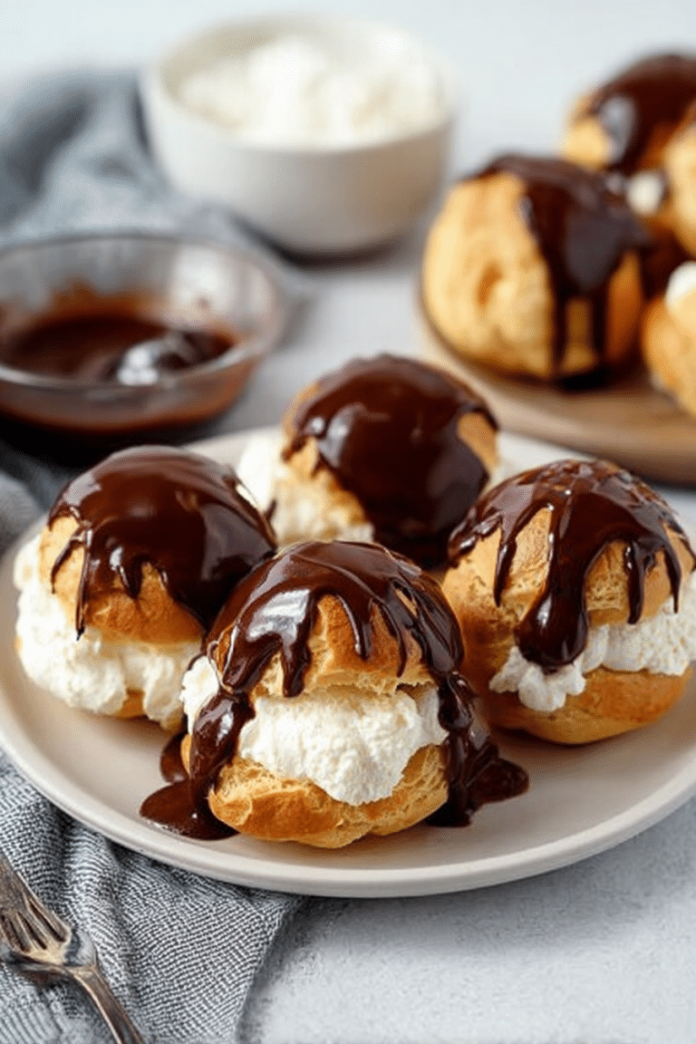Stack of chocolate-drizzled profiteroles with mint leaves on a delicate plate.