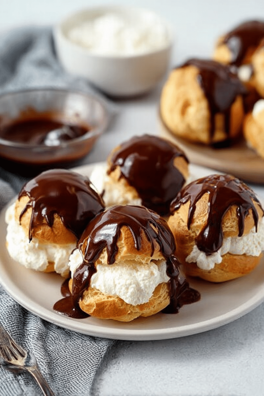 Stack of chocolate-drizzled profiteroles with mint leaves on a delicate plate.