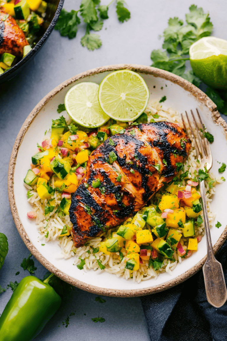 Cilantro lime chicken with mango-avocado salsa served over cilantro-lime rice, garnished with fresh cilantro.