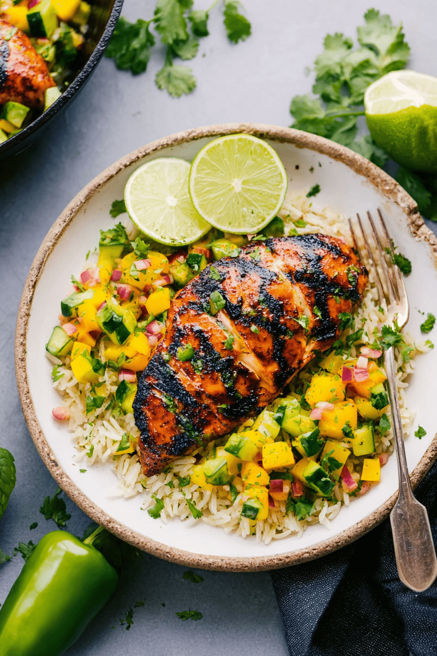 Cilantro lime chicken with mango-avocado salsa served over cilantro-lime rice, garnished with fresh cilantro.