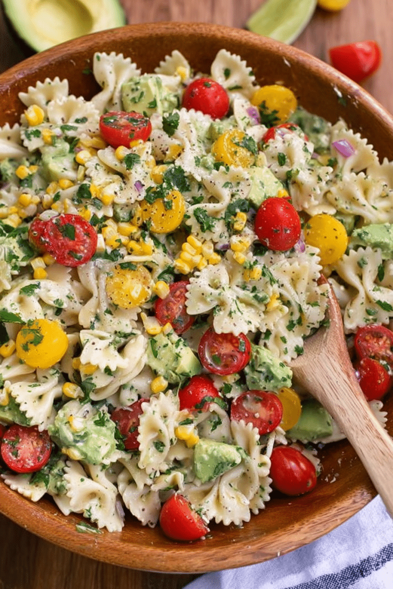 Cilantro lime pasta salad with cherry tomatoes, corn, and avocado in a colorful bowl on a kitchen counter.