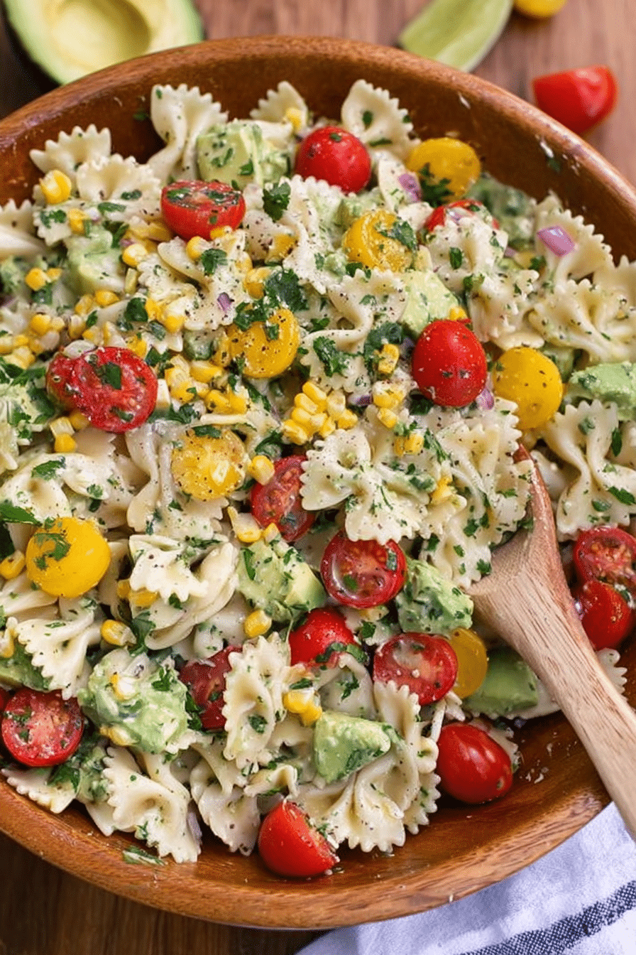 Cilantro lime pasta salad with cherry tomatoes, corn, and avocado in a colorful bowl on a kitchen counter.
