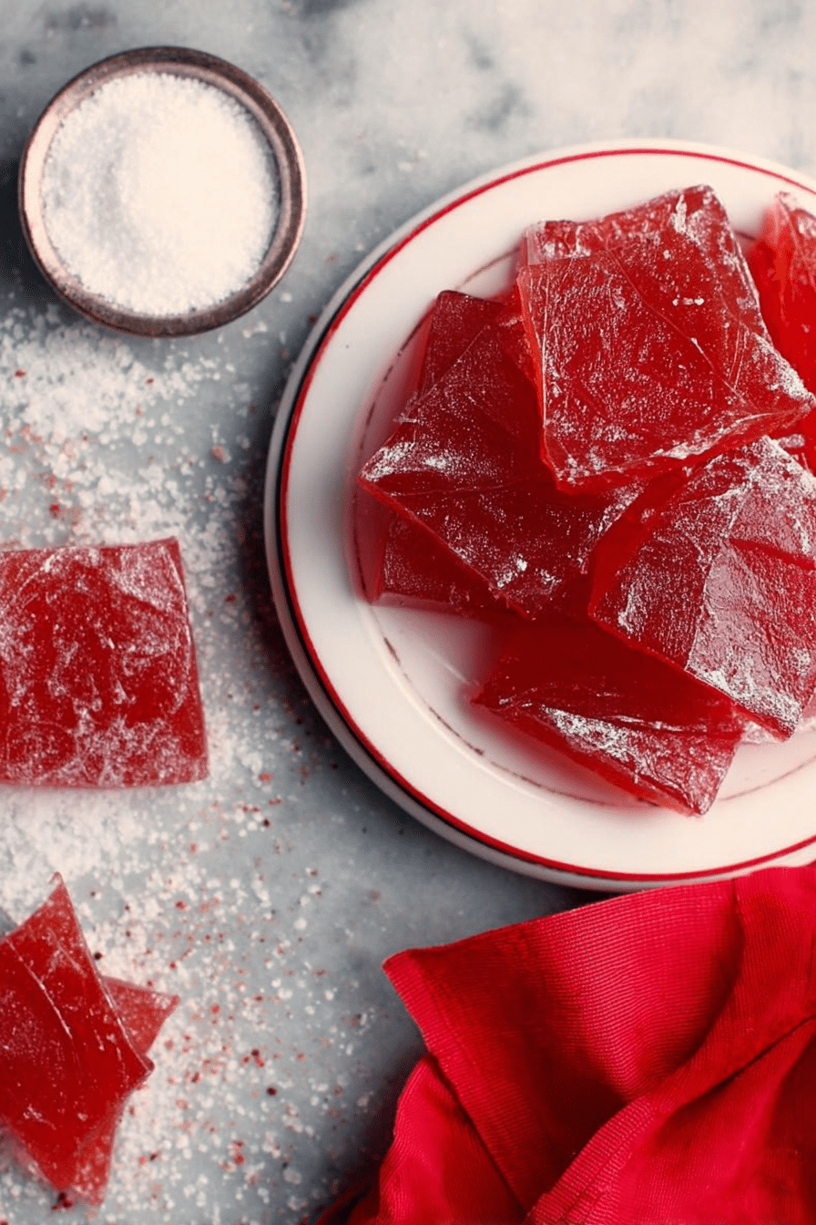 Close-up of homemade cinnamon hard candy with cinnamon sticks and sugar, showcasing the sweet and spicy treat.