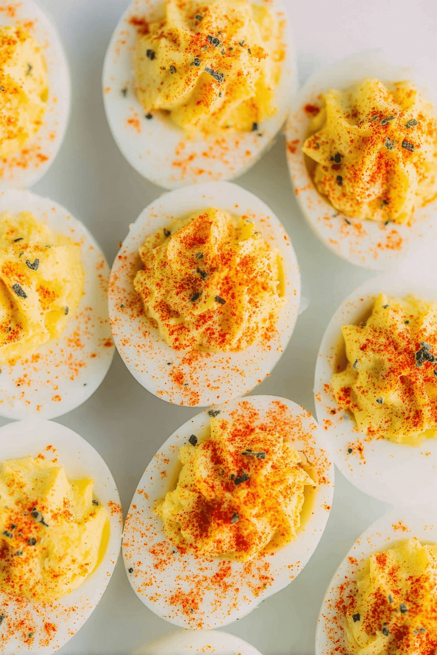 A platter of classic deviled eggs garnished with paprika and fresh herbs on a wooden table.