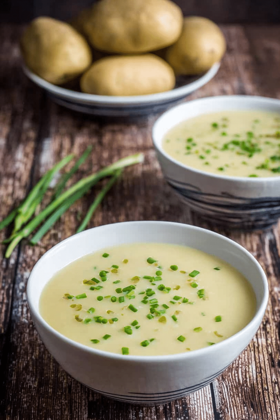Delicious bowl of classic potato leek soup topped with fresh chives and served with crusty bread.