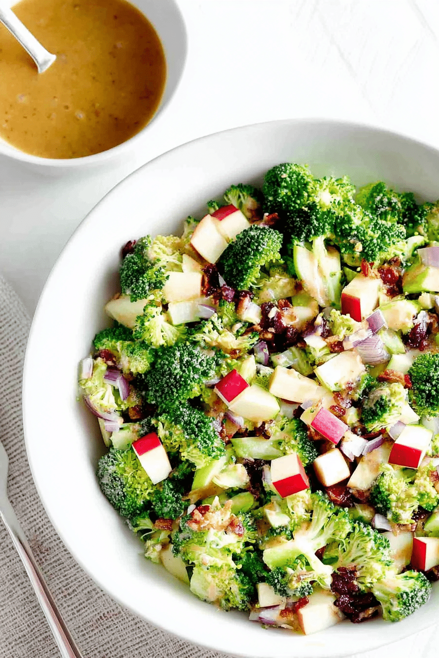 Delicious broccoli apple salad featuring fresh broccoli, honeycrisp apple, and crumbled blue cheese in a wooden bowl.