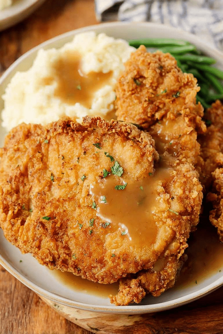 Crispy golden-brown country fried chicken served with creamy mashed potatoes and rich gravy.