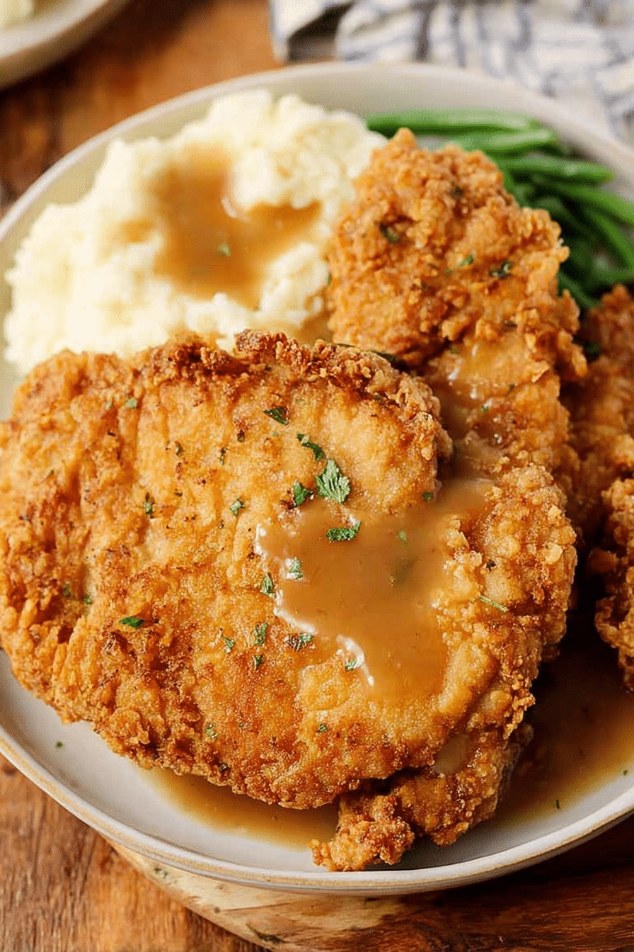 Crispy golden-brown country fried chicken served with creamy mashed potatoes and rich gravy.