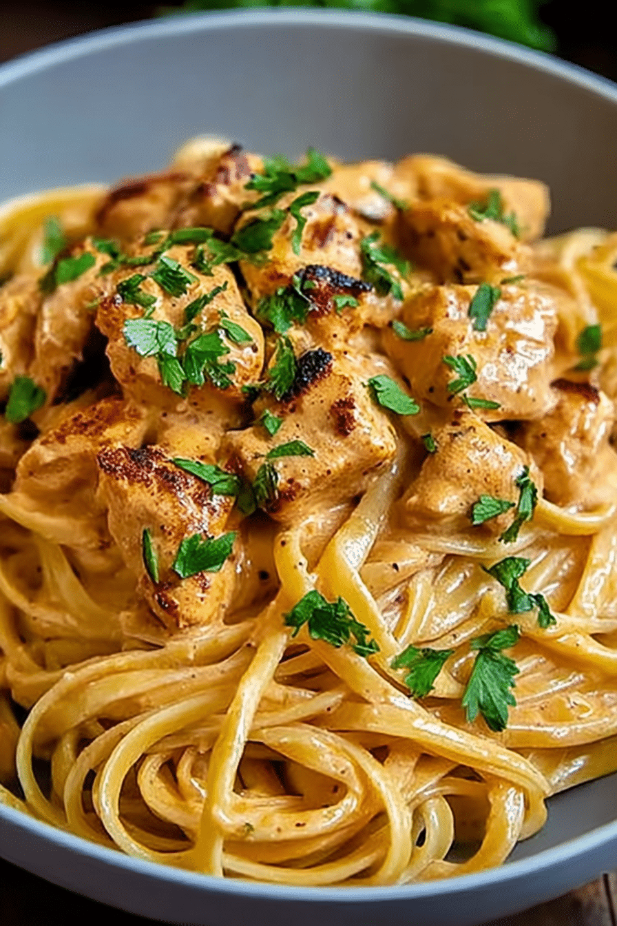 A delicious plate of Cowboy Butter Chicken Linguine topped with parsley and Parmesan cheese.