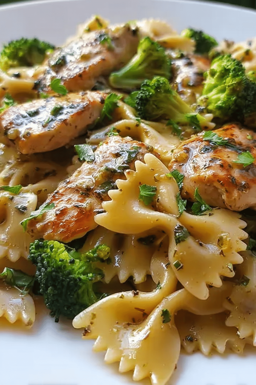 Delicious cowboy butter lemon bowtie chicken served with broccoli and garnished with parsley.