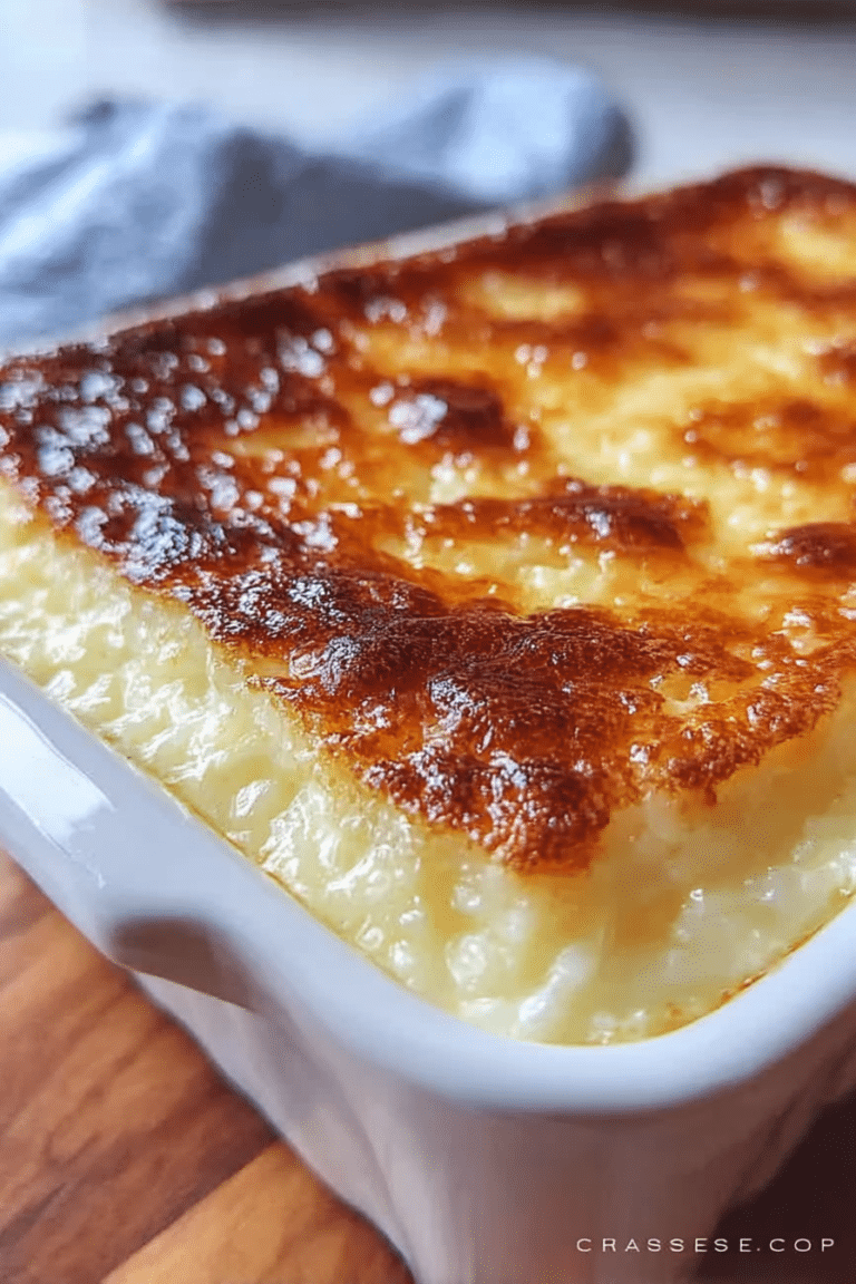 Creamiest condensed milk baked rice pudding topped with cinnamon and toasted nuts in a rustic bowl.