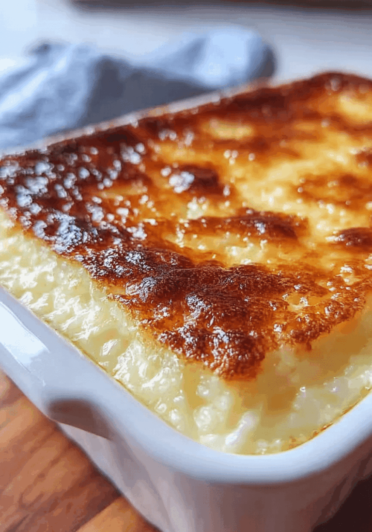 Creamiest condensed milk baked rice pudding topped with cinnamon and toasted nuts in a rustic bowl.