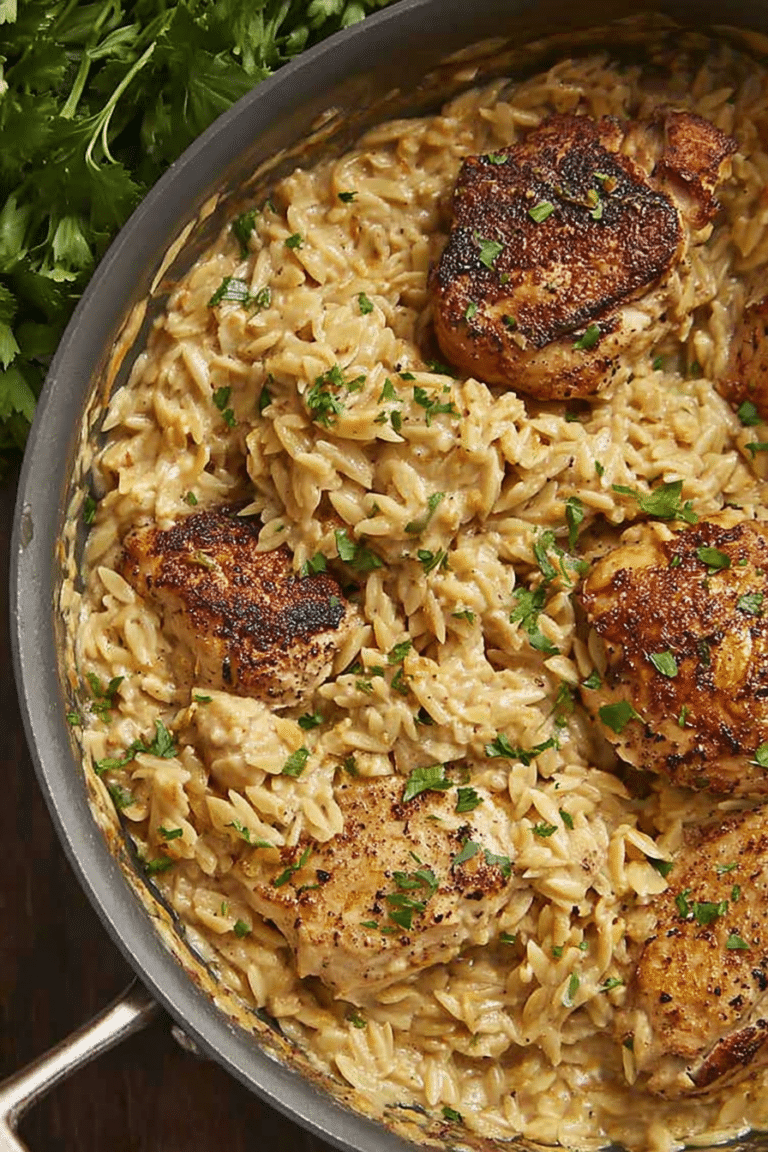 Close-up of creamy chicken and orzo skillet garnished with parsley, highlighting the creamy texture and vibrant ingredients.