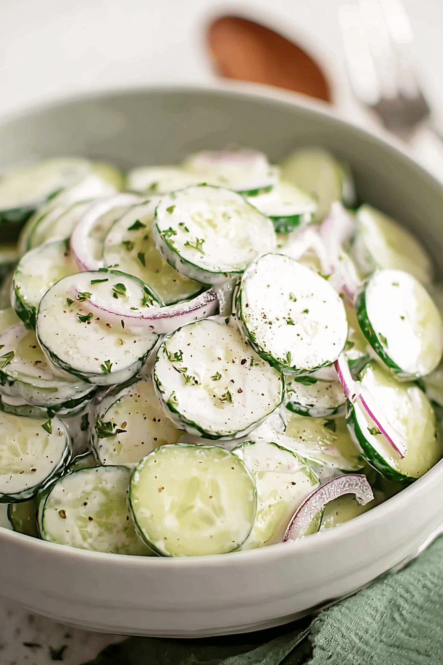 Fresh creamy cucumber salad in a bowl with red onion and herbs.