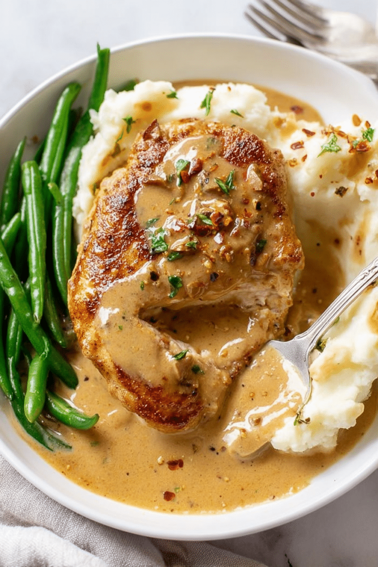 Plated creamy garlic chicken with mashed potatoes and parsley on a wooden table