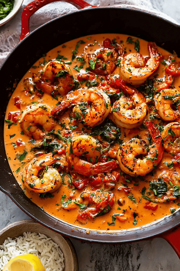 Close-up of creamy garlic-paprika shrimp skillet featuring shrimp, red bell peppers, spinach, and garnished with parsley.