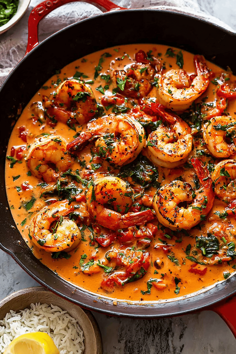 Close-up of creamy garlic-paprika shrimp skillet featuring shrimp, red bell peppers, spinach, and garnished with parsley.