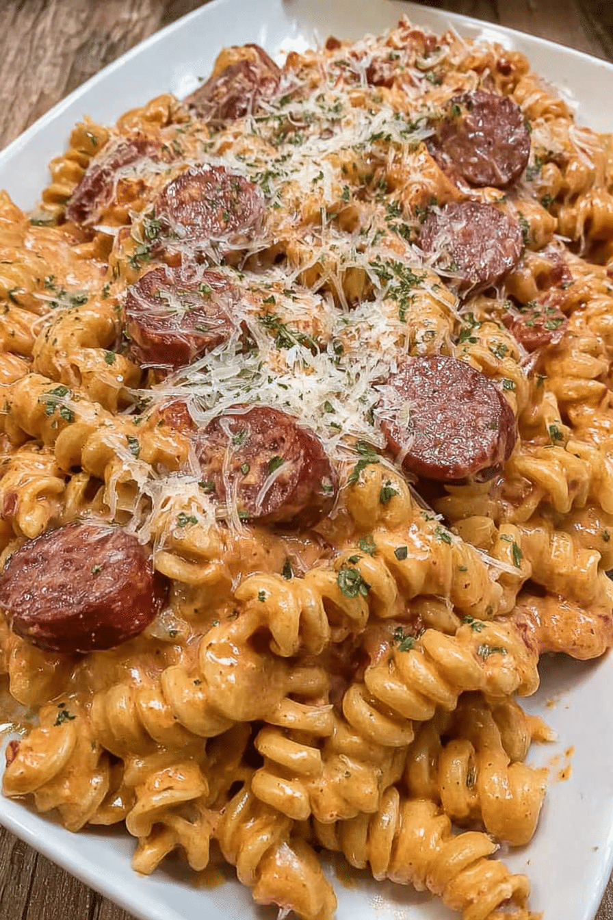 Creamy smoked sausage pasta in a bowl topped with parsley and Parmesan cheese
