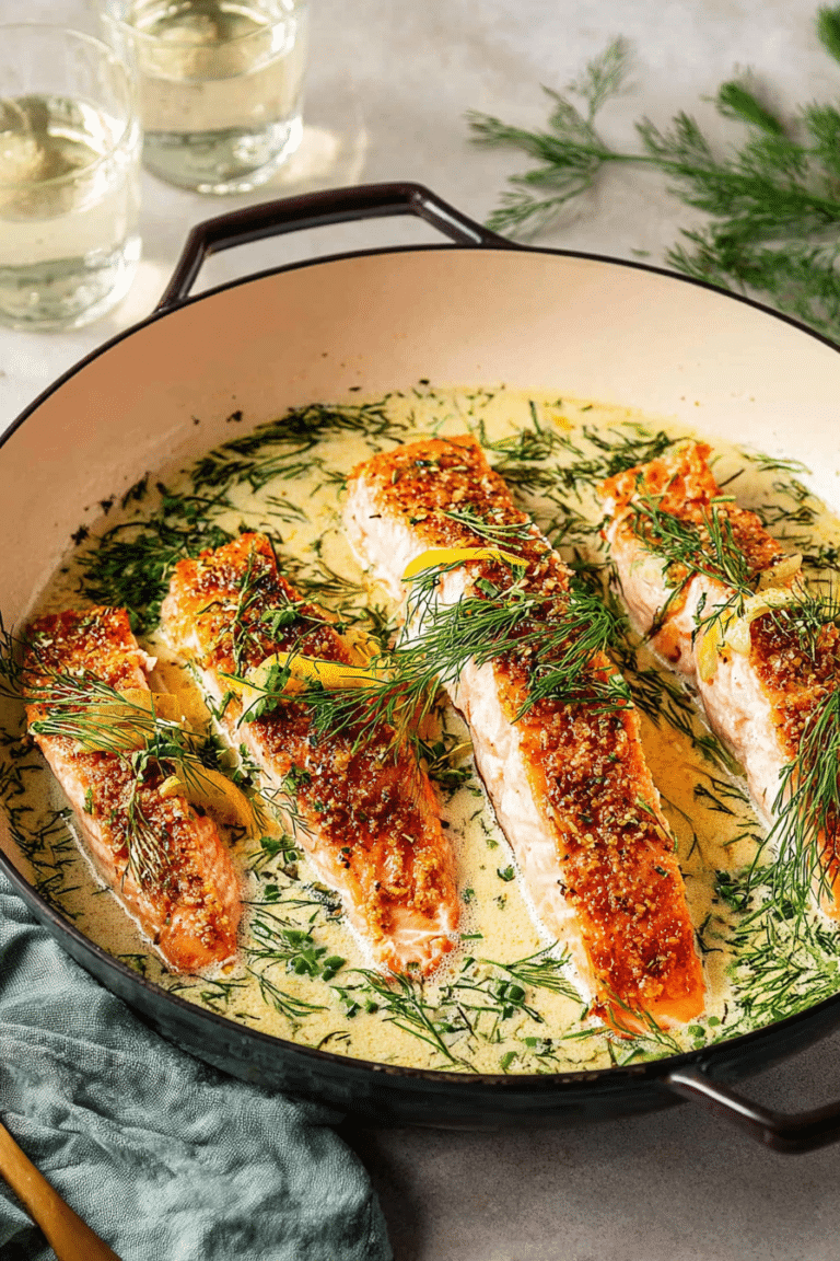 Creamy spring salmon with herbs, roasted asparagus, and orzo pasta on a wooden table.