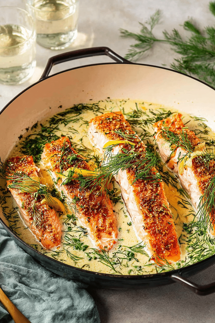 Creamy spring salmon with herbs, roasted asparagus, and orzo pasta on a wooden table.