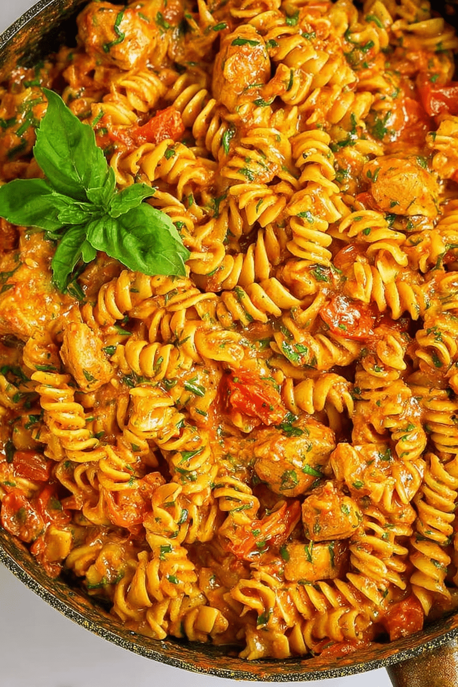 Creamy tomato chicken pasta with mozzarella cheese and parsley garnish, showcasing a delicious and colorful meal.