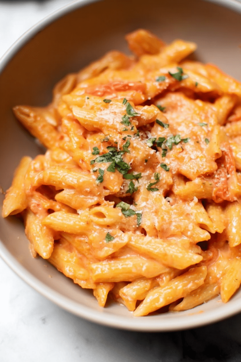 Creamy tomato pasta in a bowl topped with fresh basil and grated parmesan cheese