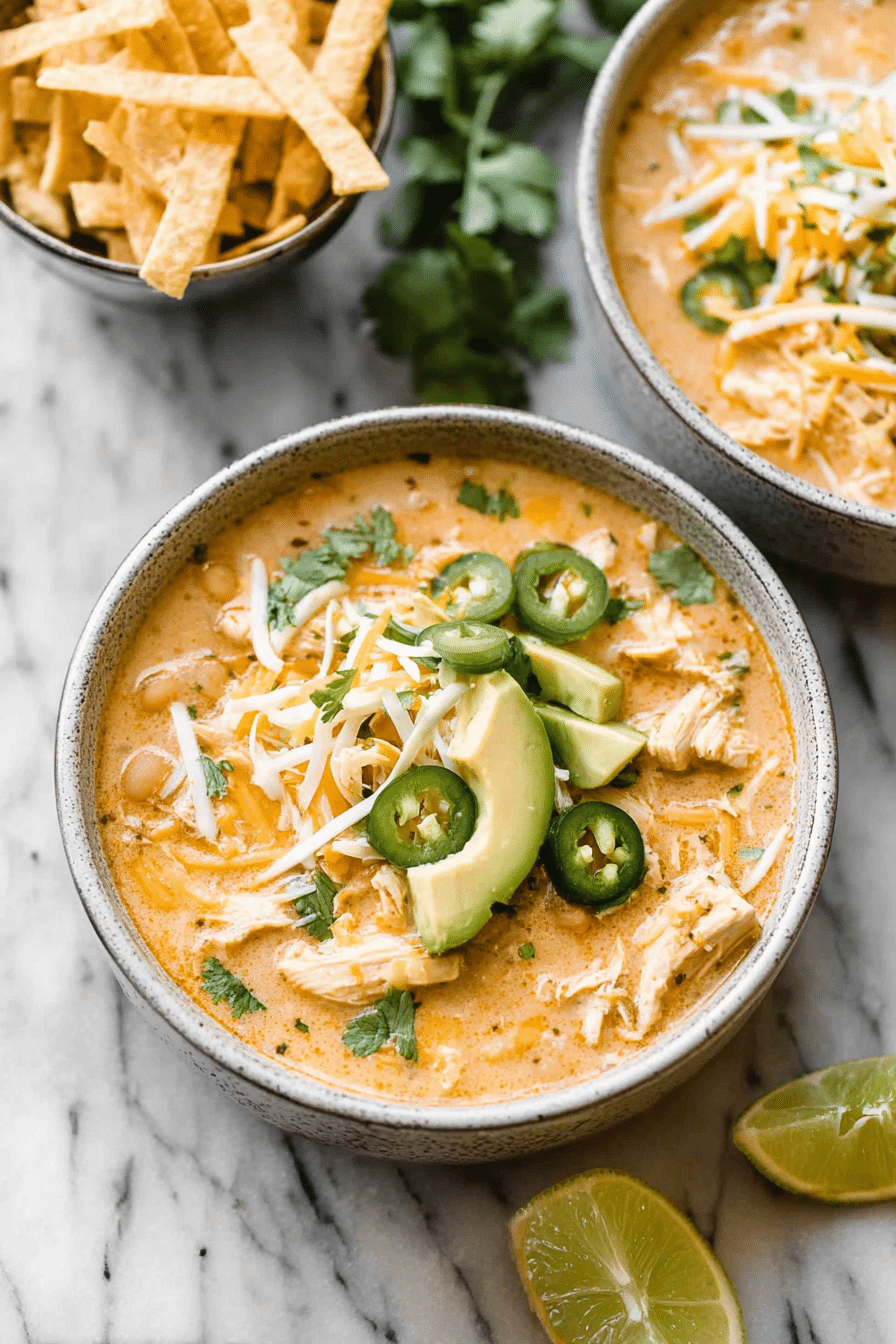 Delicious creamy white chicken chili with fresh toppings like cilantro and avocado served in a bowl.