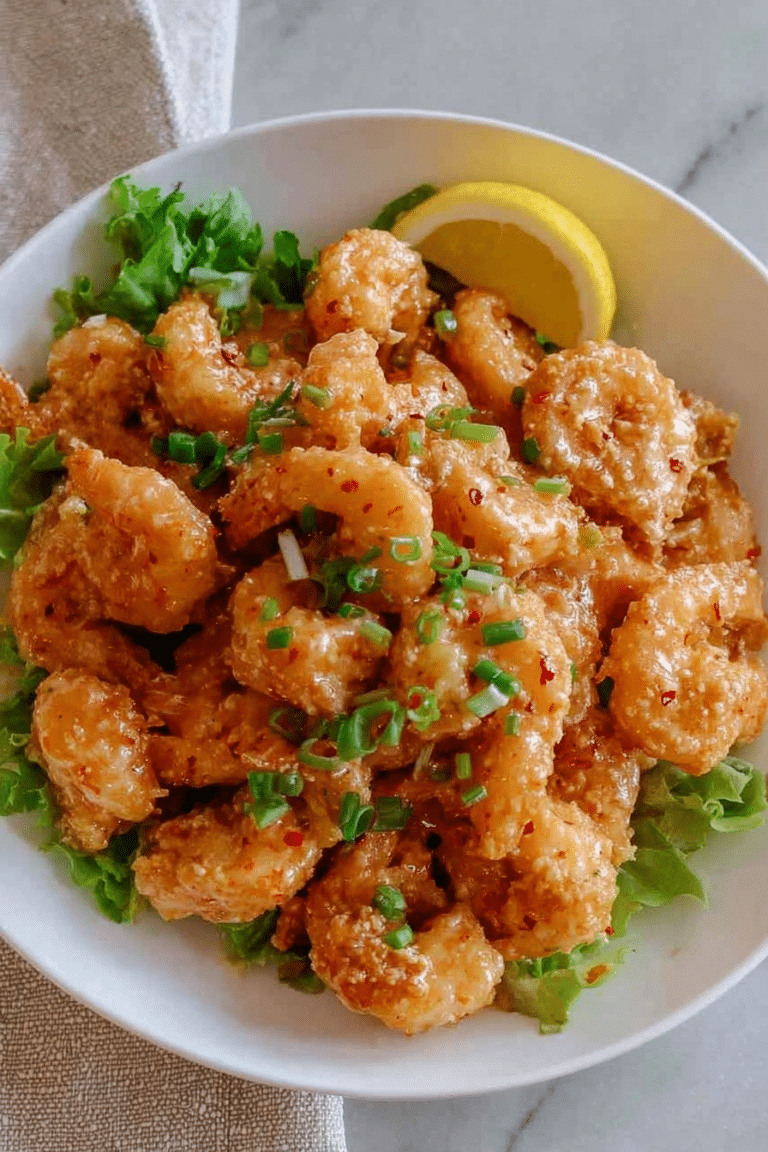 Crispy bang bang shrimp garnished with green onions and sesame seeds in a bowl with Thai chili sauce.